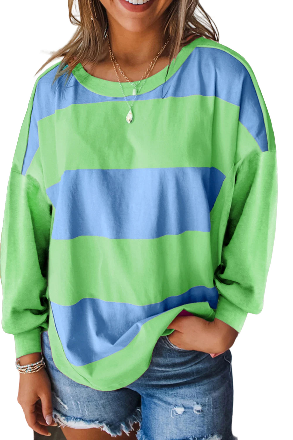 Blue Green Colorblock Drop Sleeve Round Neck Top