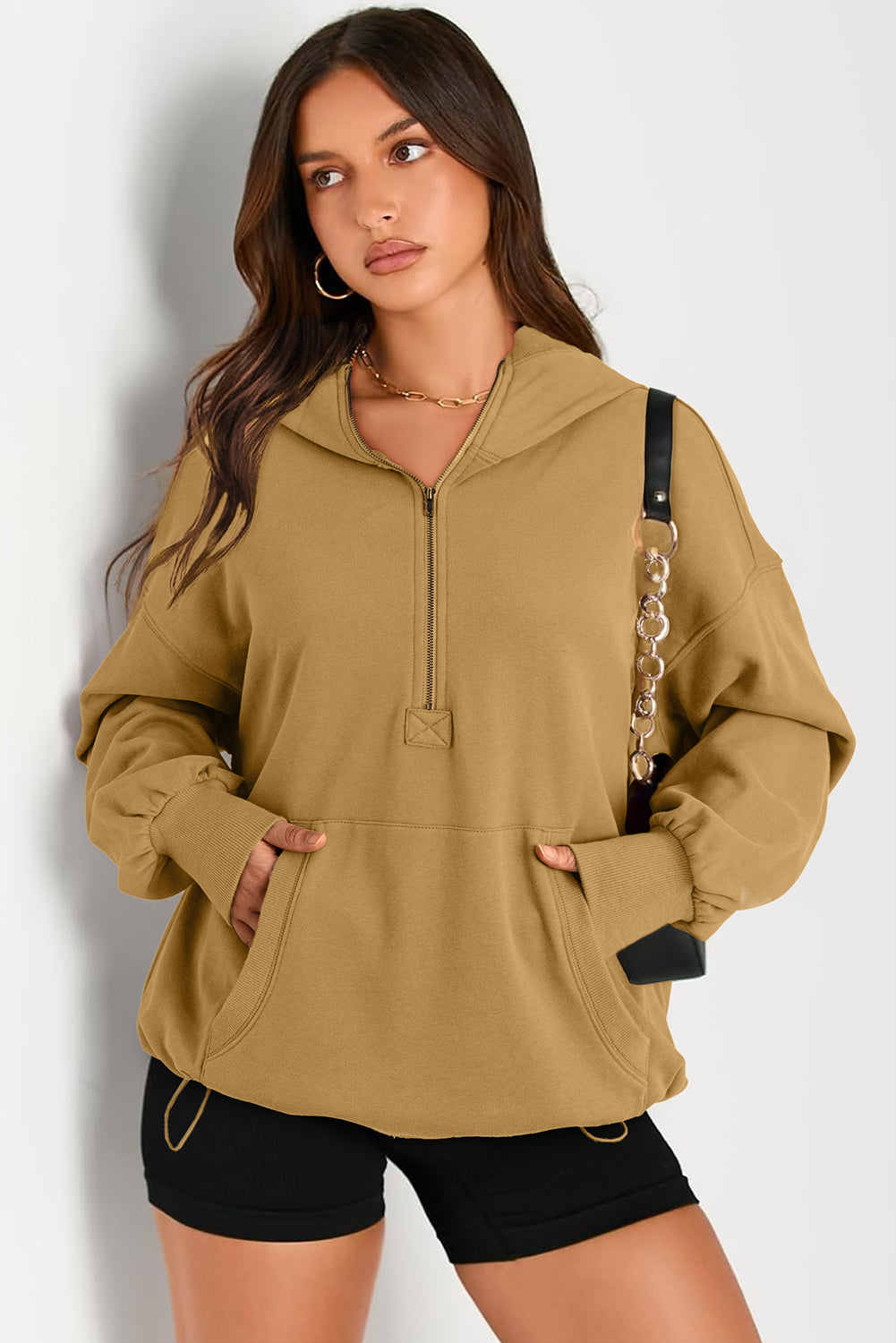 Aruba Blue Kangaroo Pocket Half Zipper Oversized Hoodie