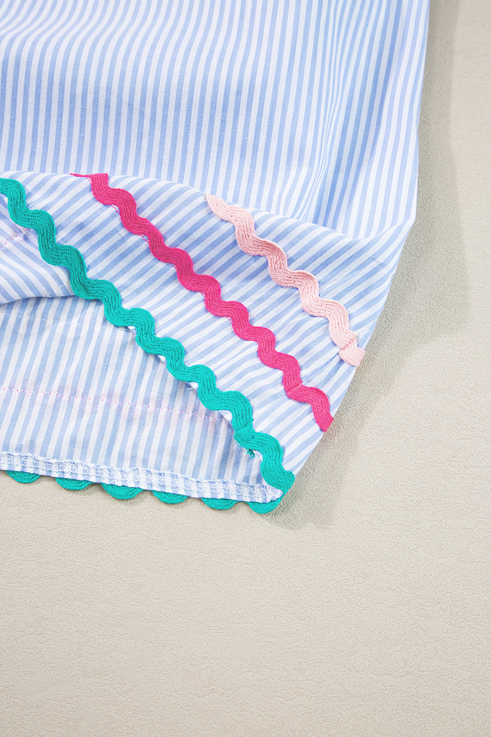 Sky Blue Striped Ricrac Splicing Frill V-Neck Blouse