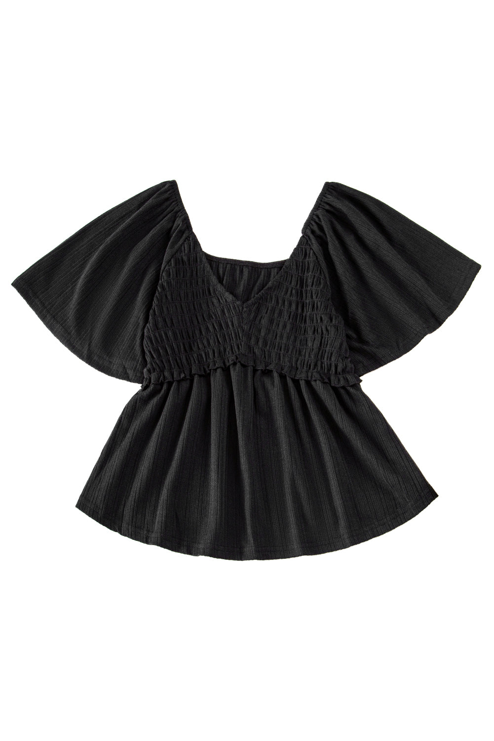 Black Shirred V Neck Short Flutter Sleeve Textured Blouse