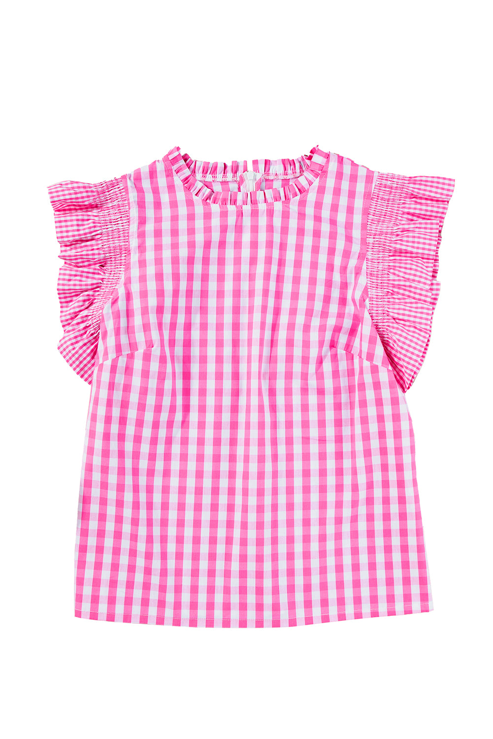 Black Checkered Ruffled Trim Frilled Neck Blouse