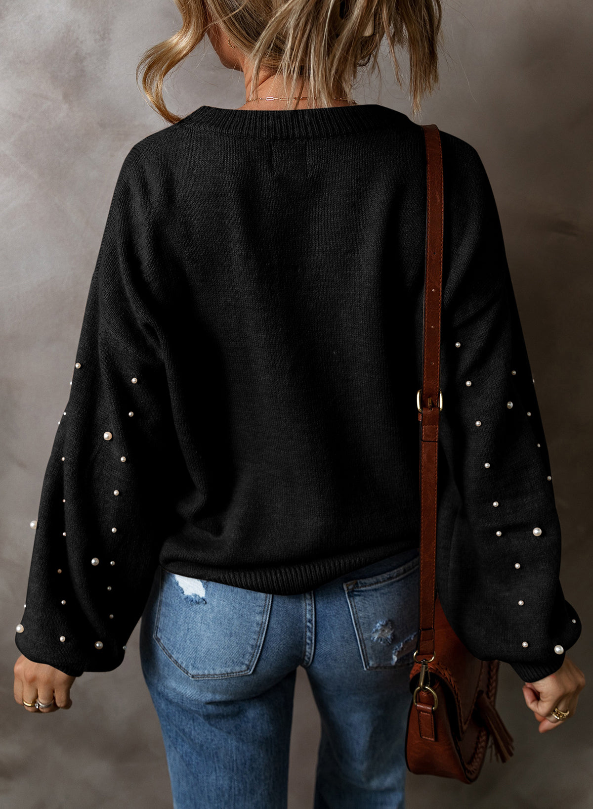Light Grey Pearl Drop Shoulder Round Neck Sweater