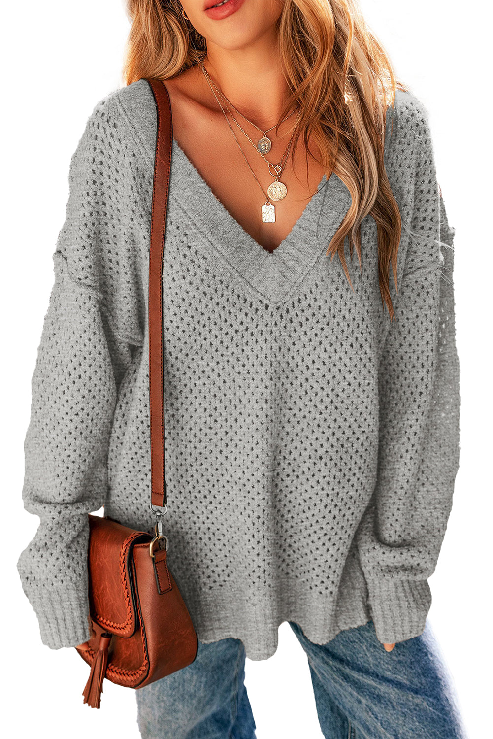 Light Grey Plain Oversized Hollowed Knit Sweater