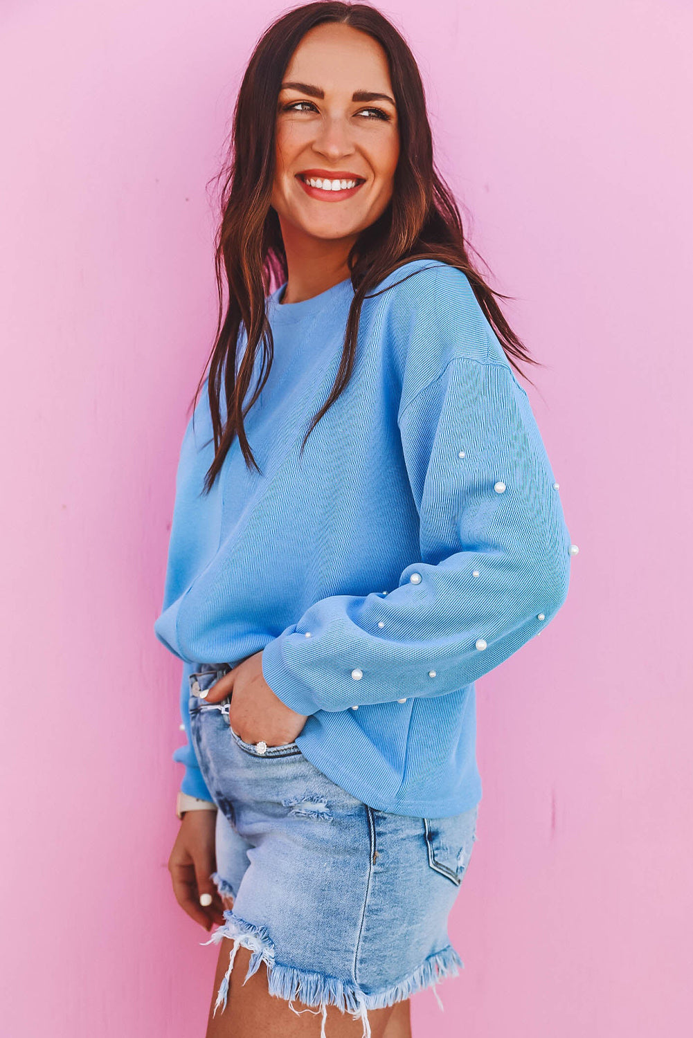 Blossom Pearl Sleeves Ribbed Pullover Sweatshirt