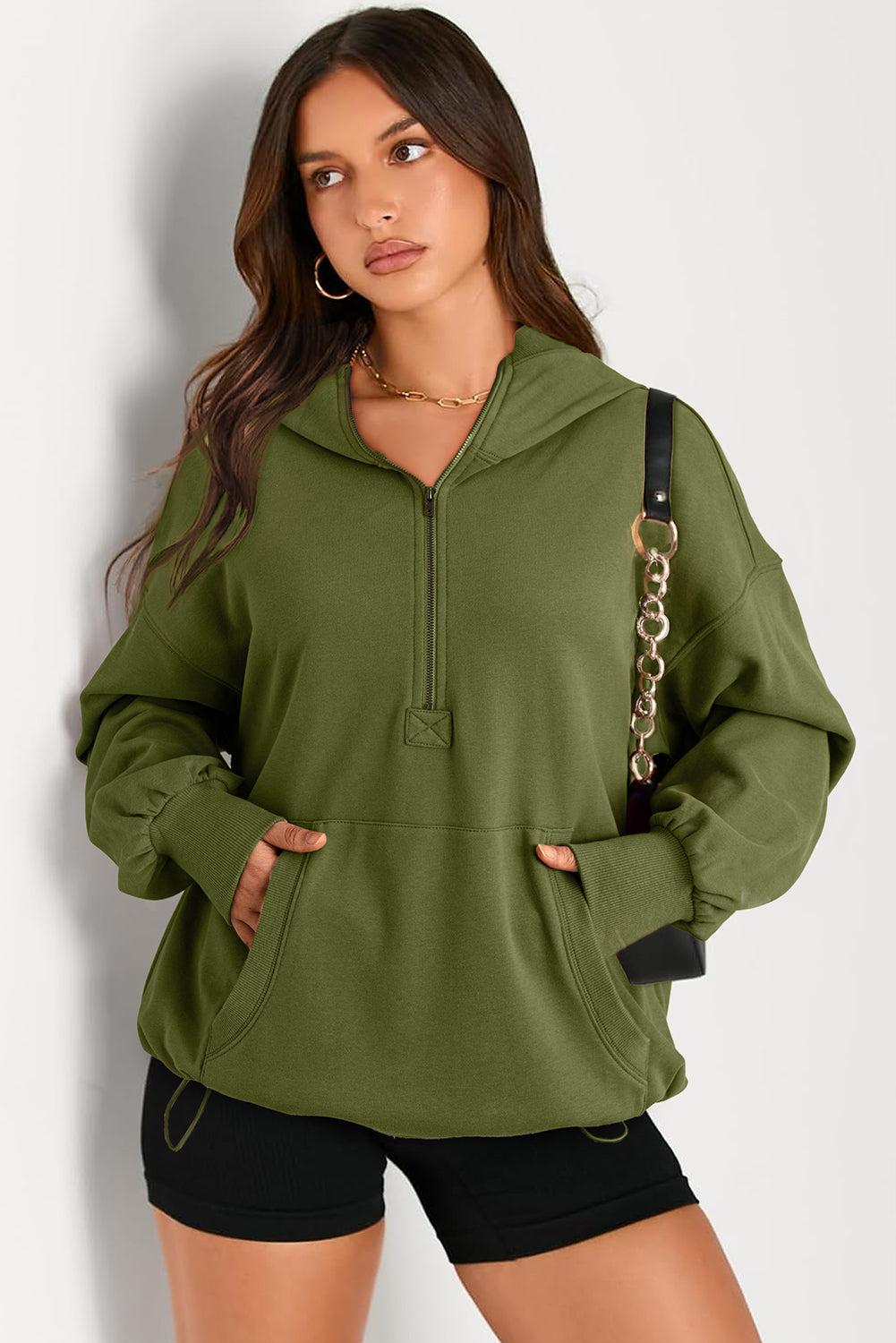 Aruba Blue Kangaroo Pocket Half Zipper Oversized Hoodie