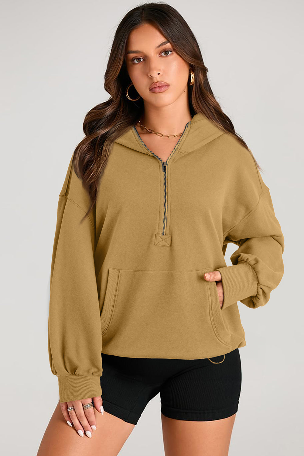 Aruba Blue Kangaroo Pocket Half Zipper Oversized Hoodie