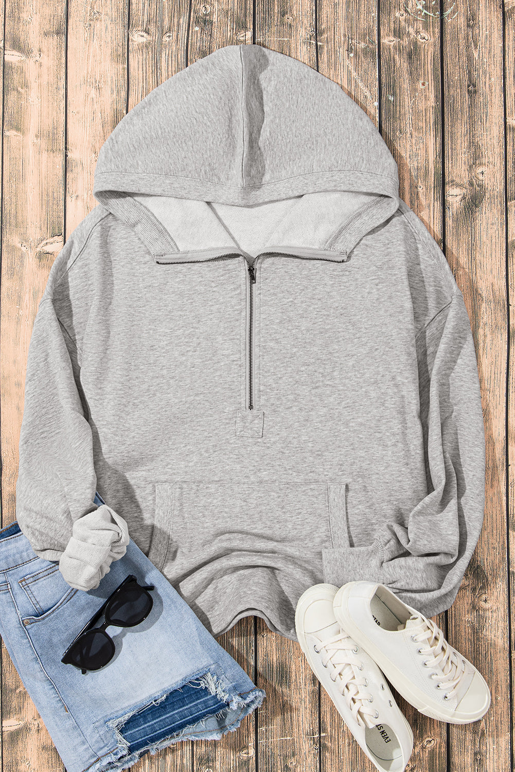 Aruba Blue Kangaroo Pocket Half Zipper Oversized Hoodie