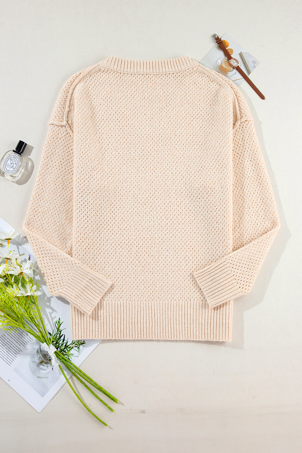 Light Grey Plain Oversized Hollowed Knit Sweater
