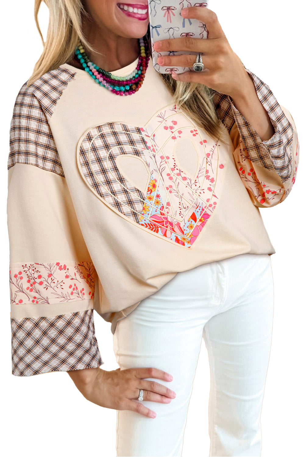 Aqua Plaid Floral Patchwork Heart Long Sleeve Top