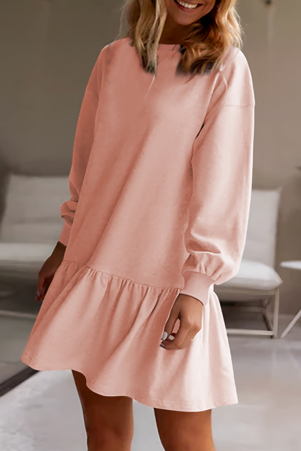 Black Solid Color Ruffle Hem Mini Sweatshirt Dress