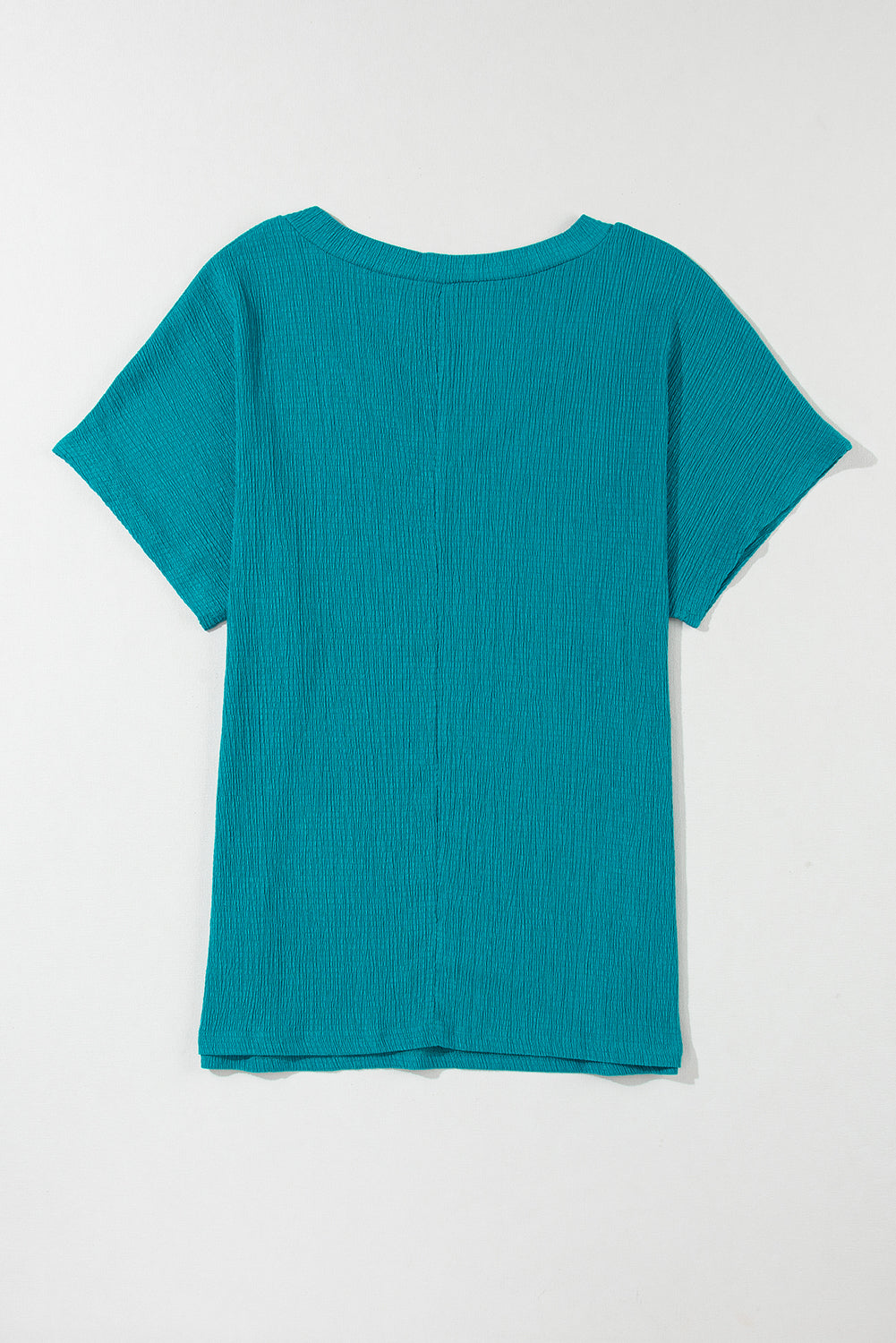 Blue Plain Crinkled V Neck Flounce Sleeve T Shirt