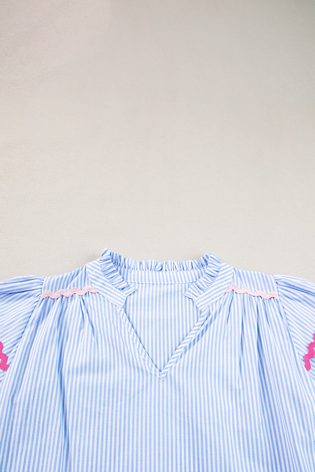 Sky Blue Striped Ricrac Splicing Frill V-Neck Blouse