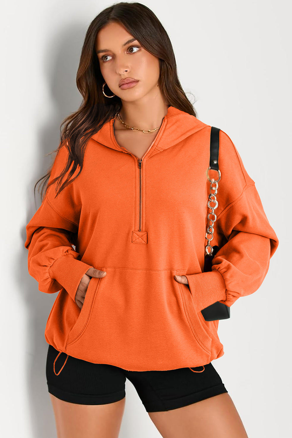 Aruba Blue Kangaroo Pocket Half Zipper Oversized Hoodie