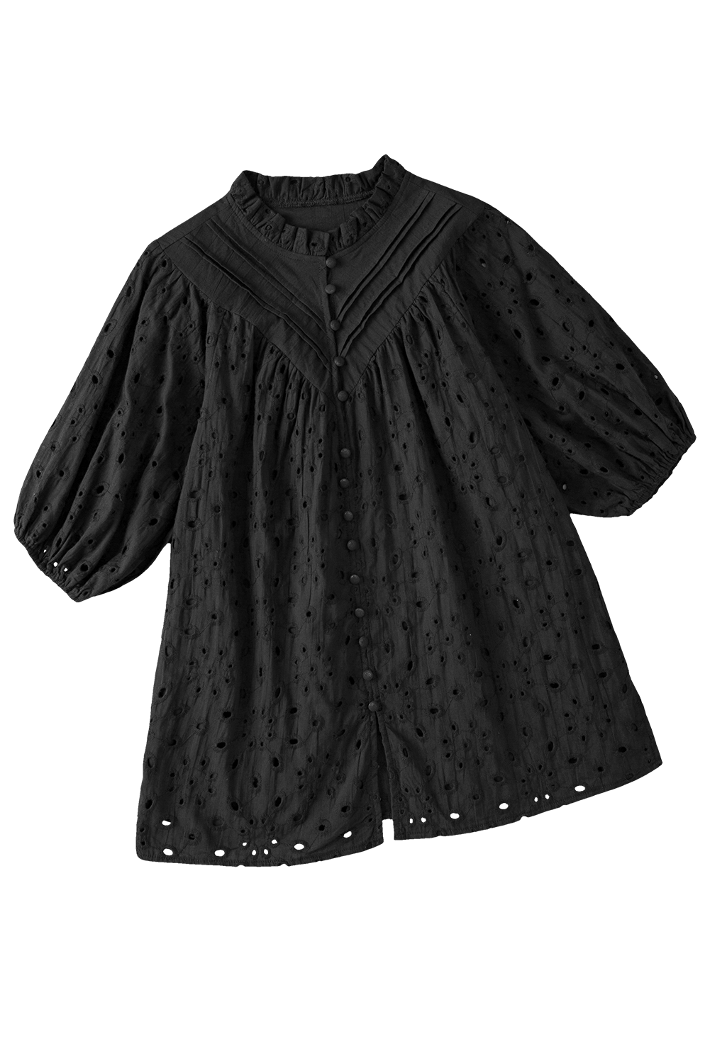 Black Hollow-out Flower Embroidered Short Puff Sleeve Blouse