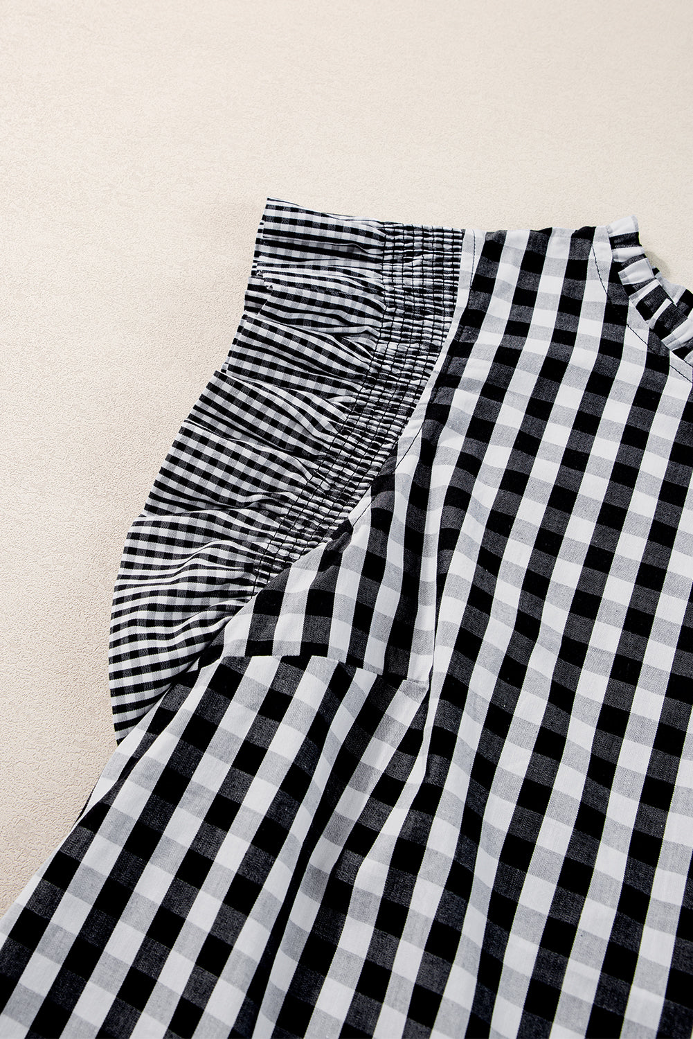 Black Checkered Ruffled Trim Frilled Neck Blouse