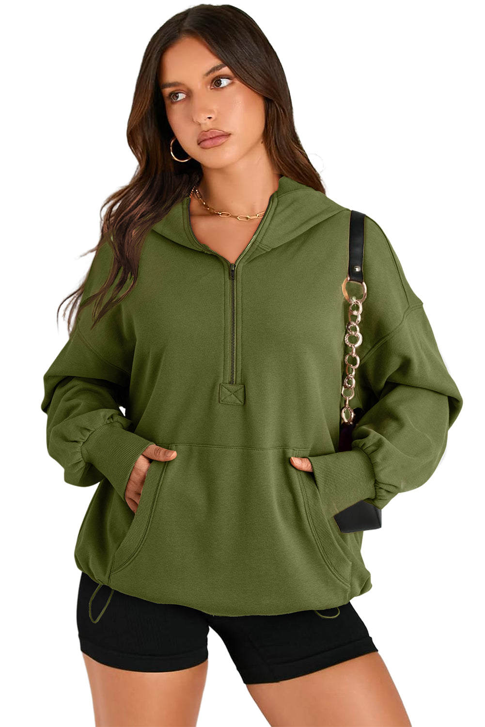 Aruba Blue Kangaroo Pocket Half Zipper Oversized Hoodie