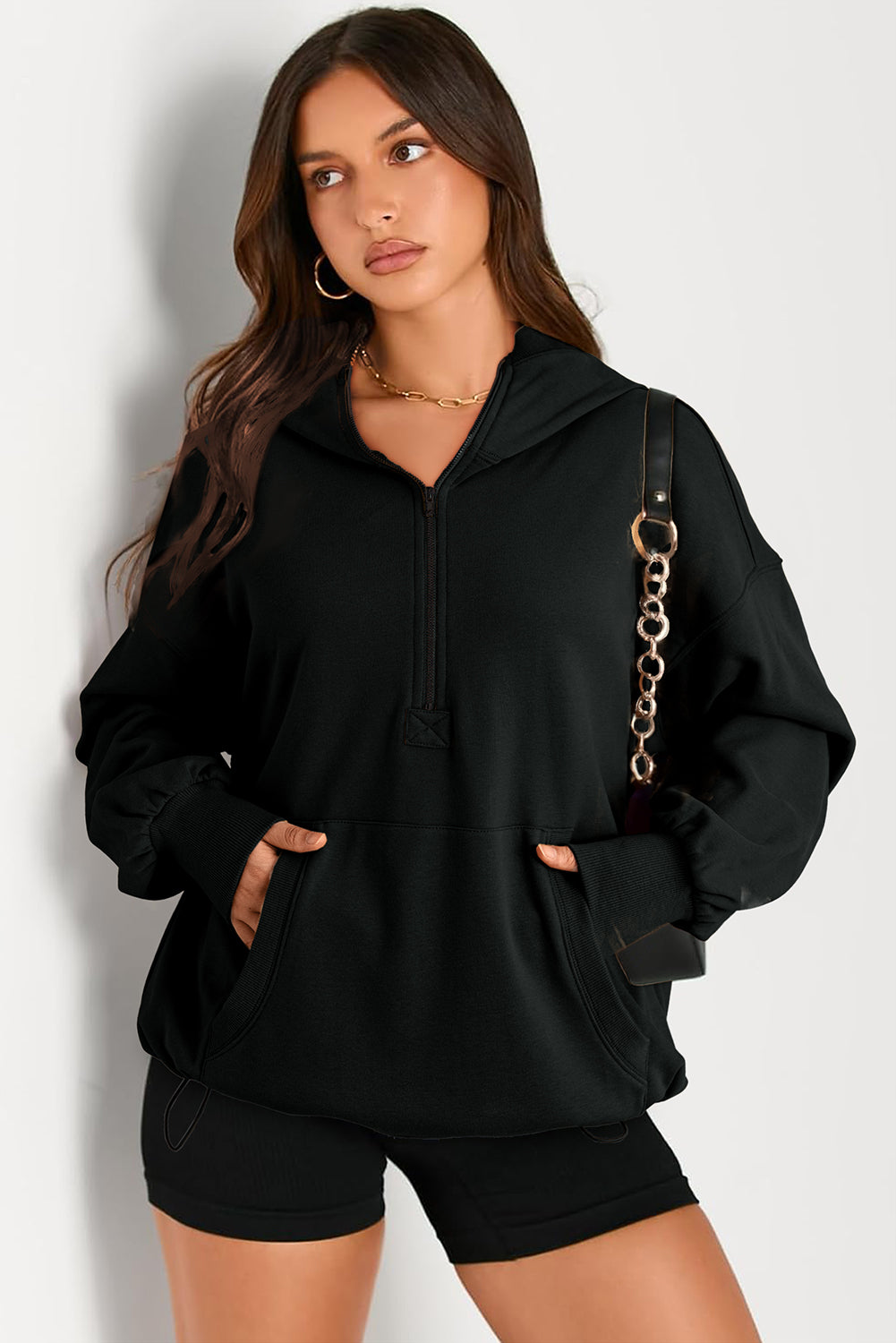 Aruba Blue Kangaroo Pocket Half Zipper Oversized Hoodie
