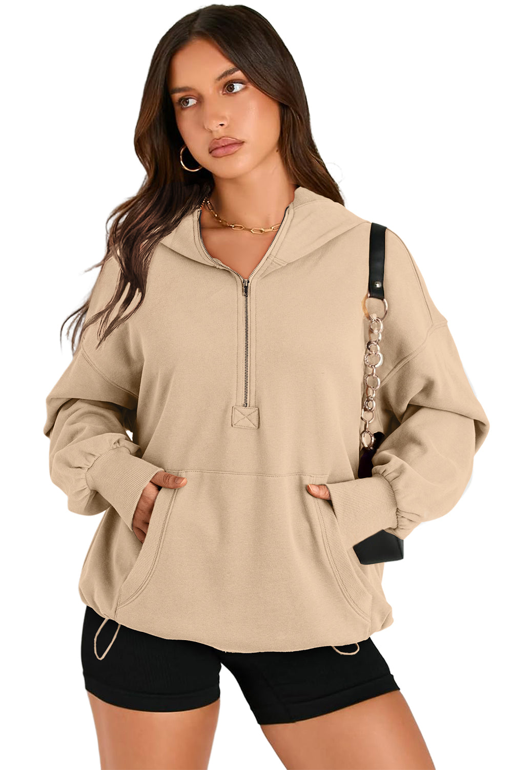 Aruba Blue Kangaroo Pocket Half Zipper Oversized Hoodie