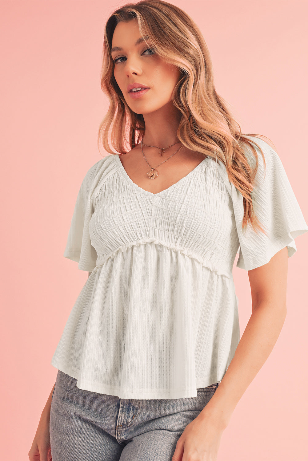 Black Shirred V Neck Short Flutter Sleeve Textured Blouse