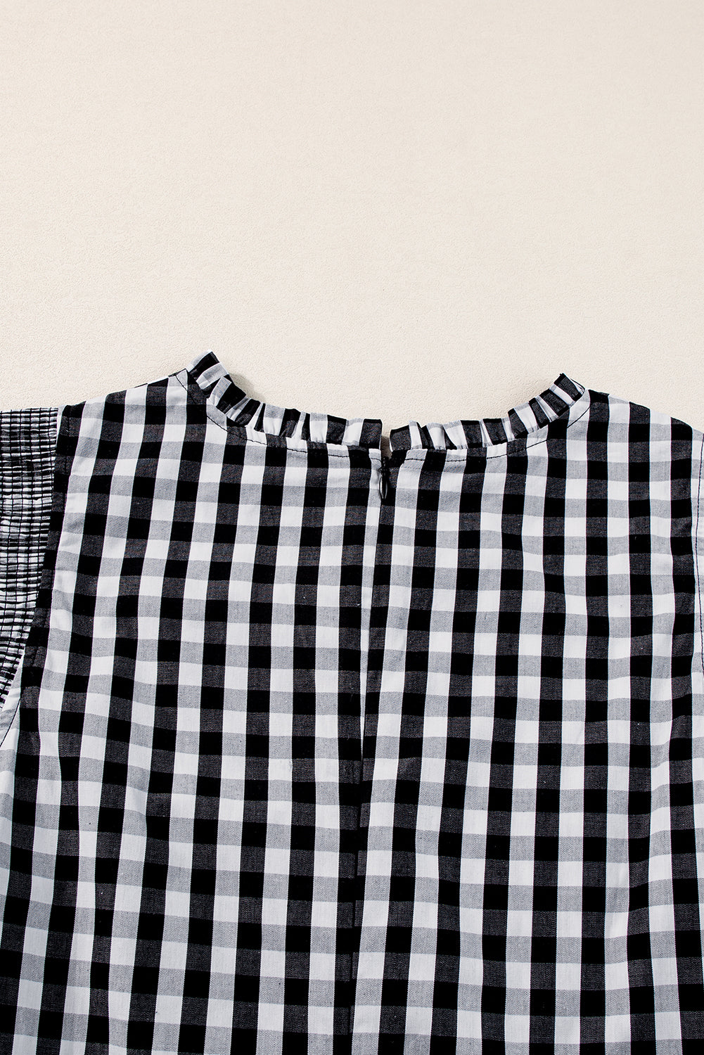 Black Checkered Ruffled Trim Frilled Neck Blouse