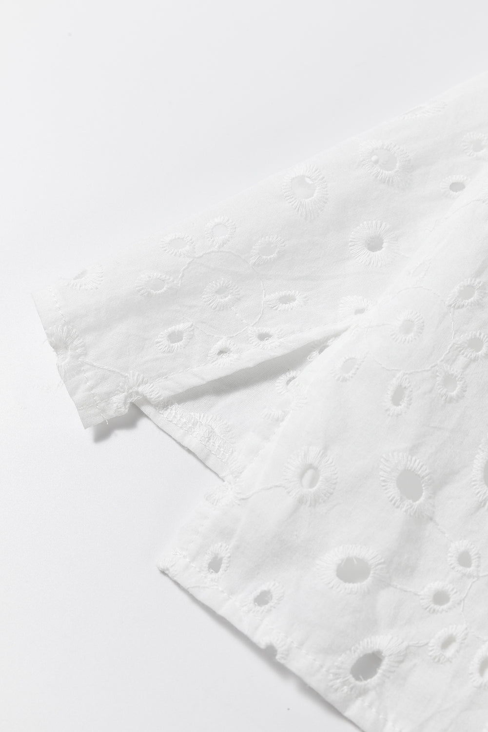 Black Hollow-out Flower Embroidered Short Puff Sleeve Blouse