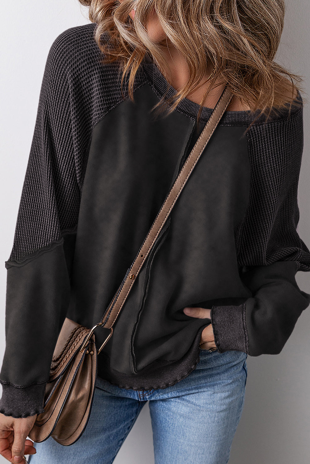 Sail Blue Waffle Knit Patchwork Raglan Sleeve Sweatshirt