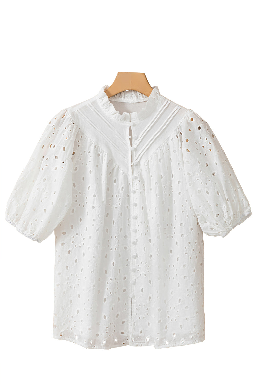 Black Hollow-out Flower Embroidered Short Puff Sleeve Blouse