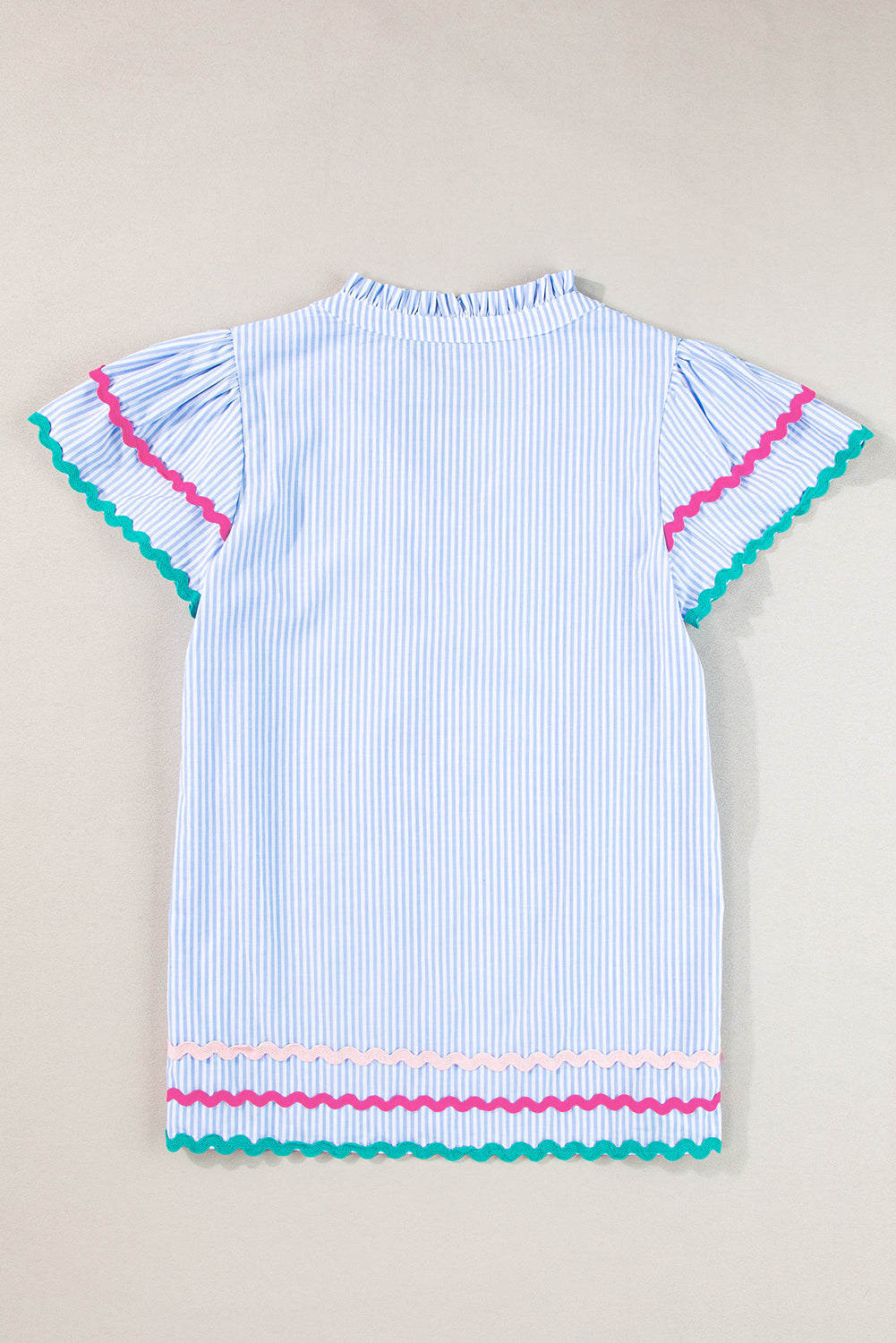 Sky Blue Striped Ricrac Splicing Frill V-Neck Blouse