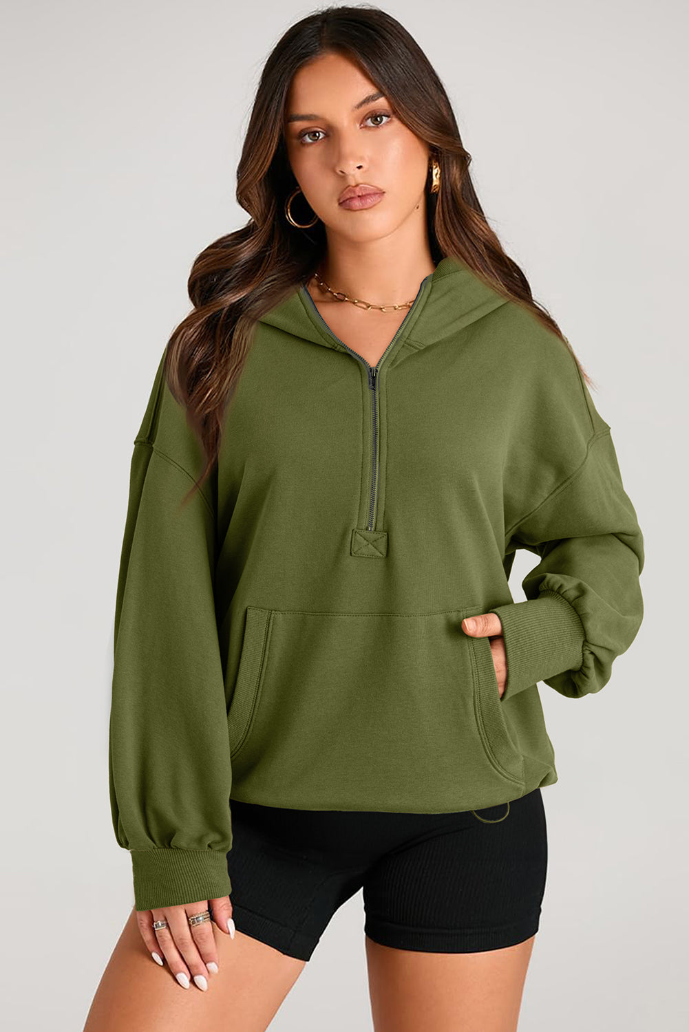 Aruba Blue Kangaroo Pocket Half Zipper Oversized Hoodie