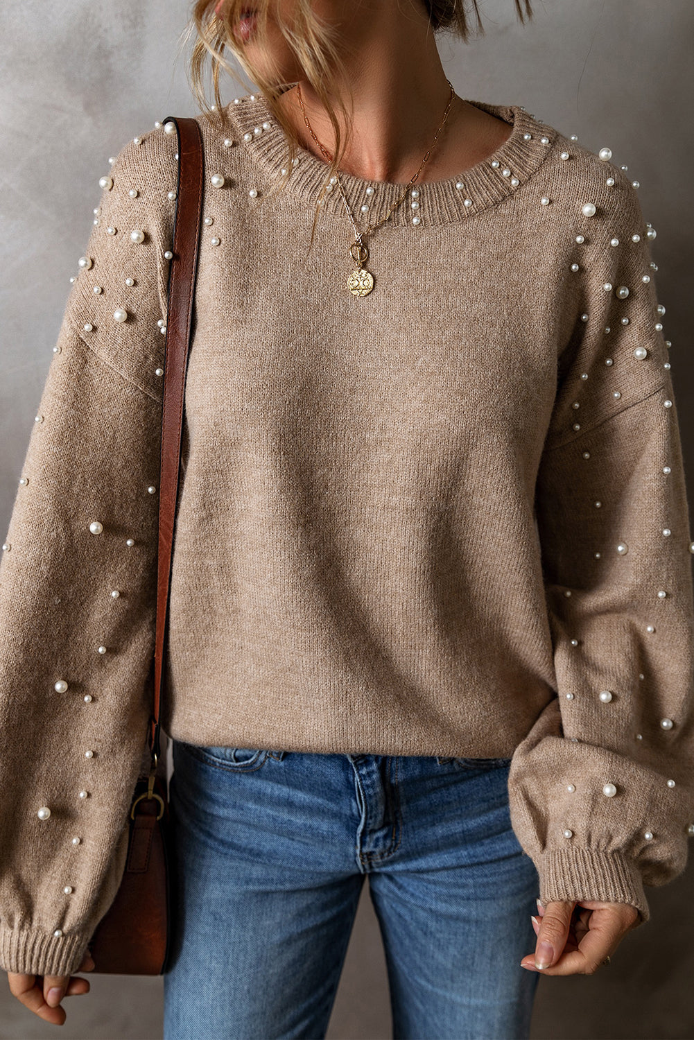 Light Grey Pearl Drop Shoulder Round Neck Sweater