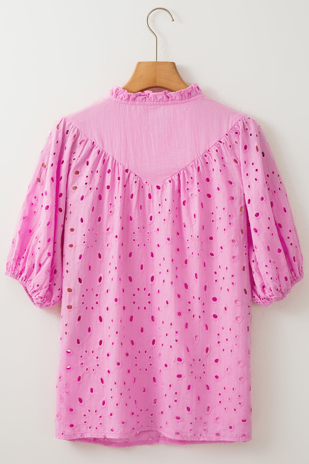 Black Hollow-out Flower Embroidered Short Puff Sleeve Blouse