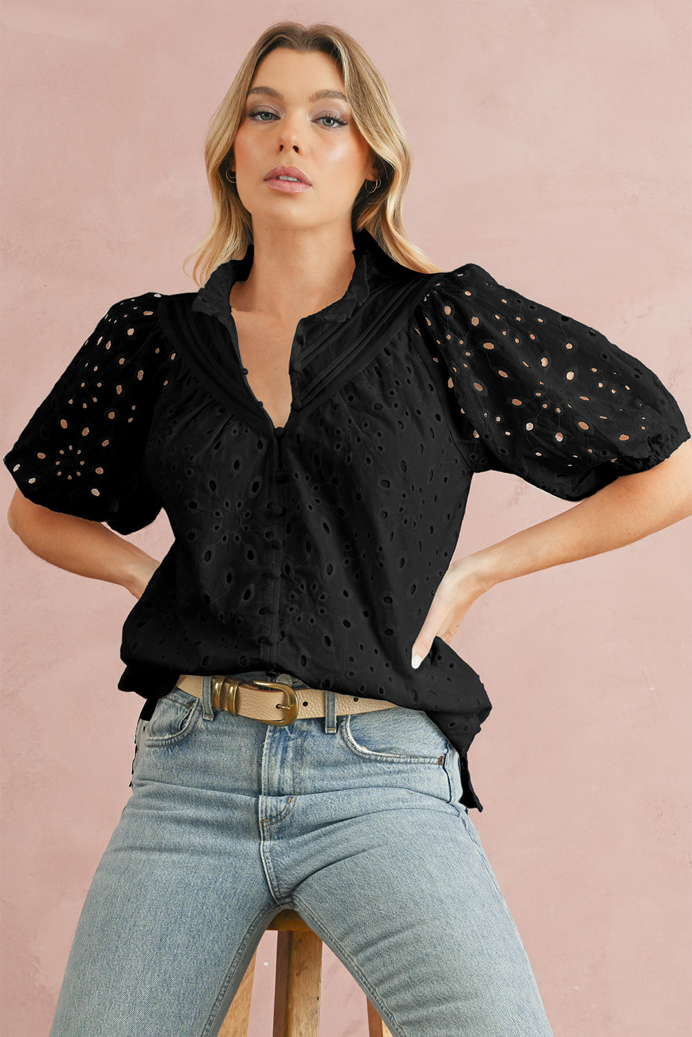 Black Hollow-out Flower Embroidered Short Puff Sleeve Blouse