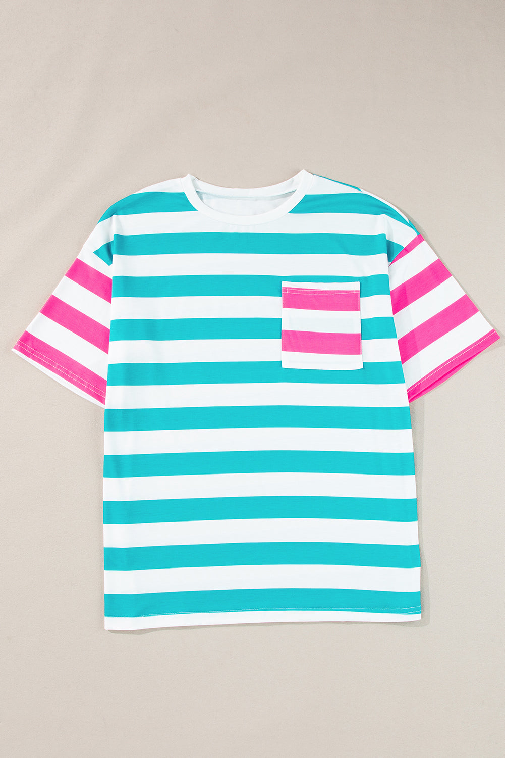 Blue Stripe Patch Pocket Drop Sleeve Slits T Shirt