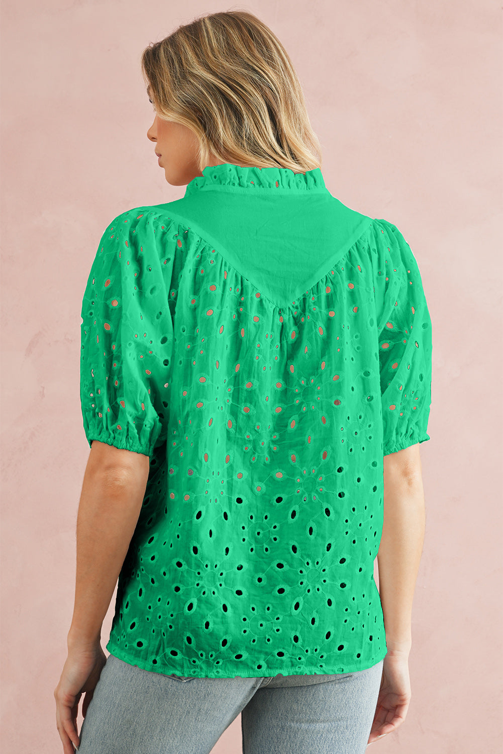 Black Hollow-out Flower Embroidered Short Puff Sleeve Blouse