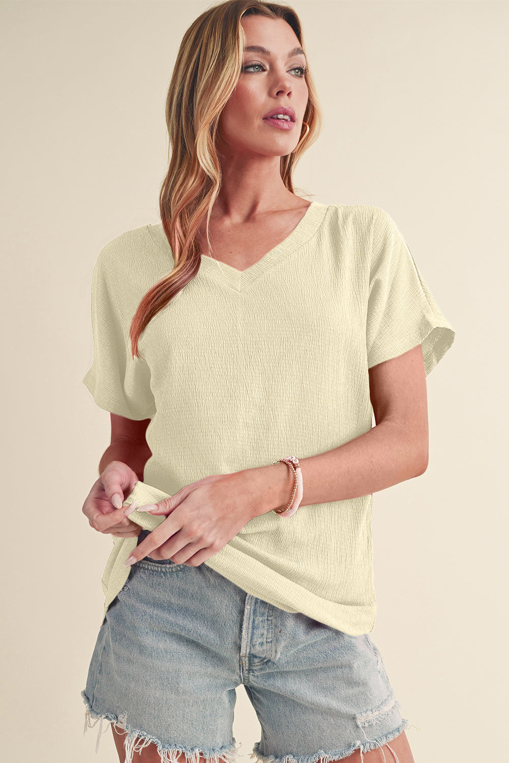Blue Plain Crinkled V Neck Flounce Sleeve T Shirt