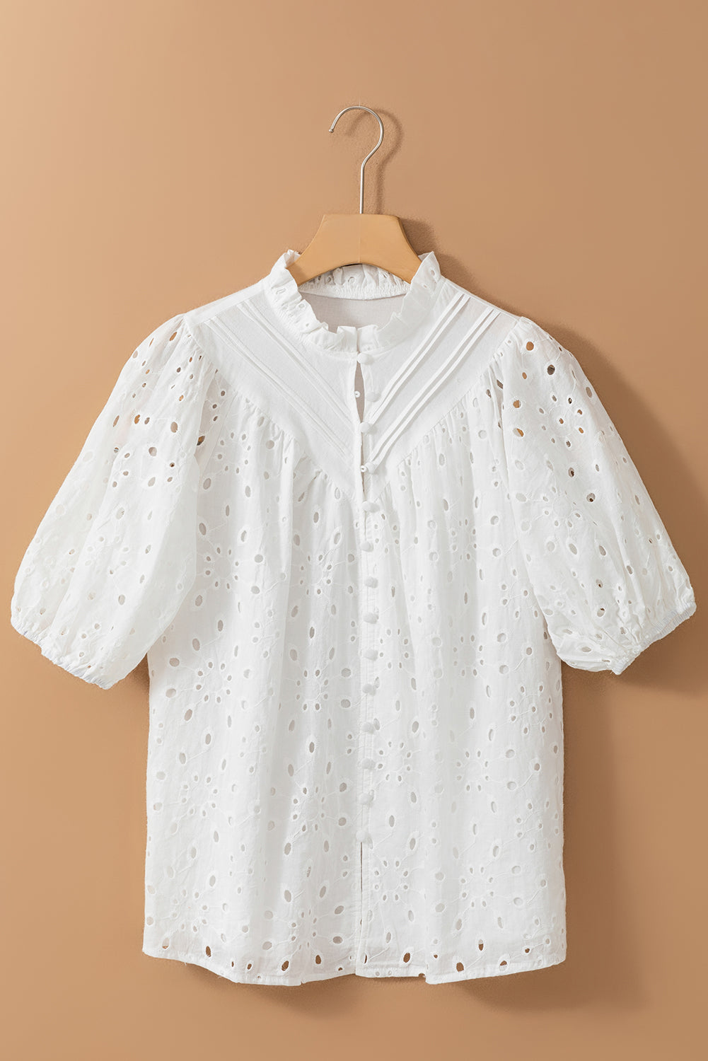 Black Hollow-out Flower Embroidered Short Puff Sleeve Blouse
