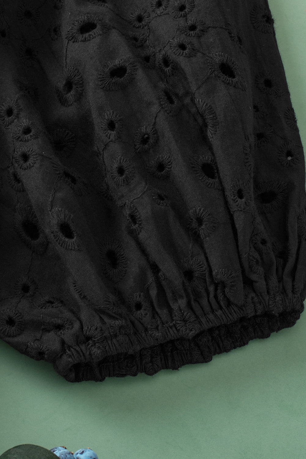 Black Hollow-out Flower Embroidered Short Puff Sleeve Blouse