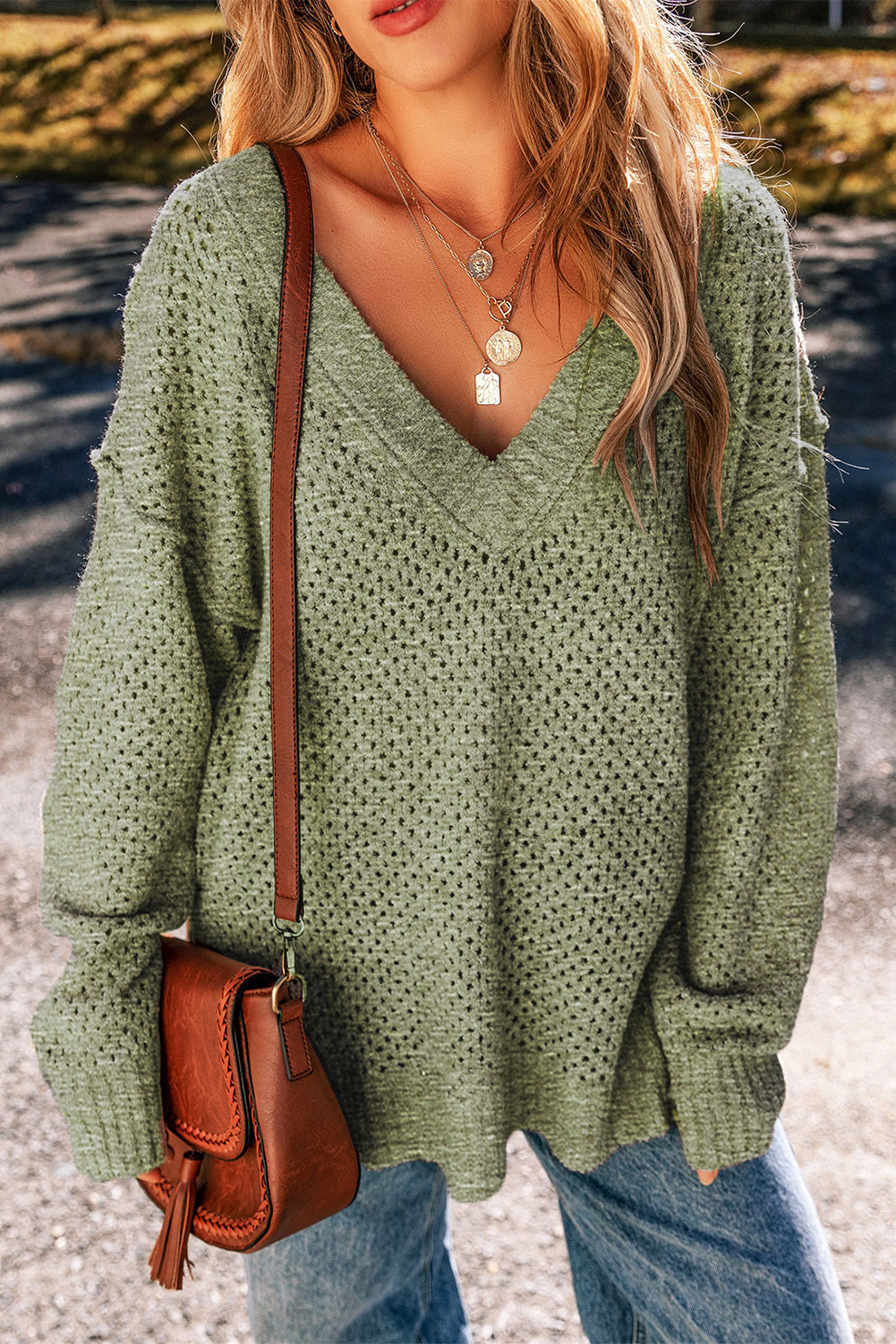 Light Grey Plain Oversized Hollowed Knit Sweater