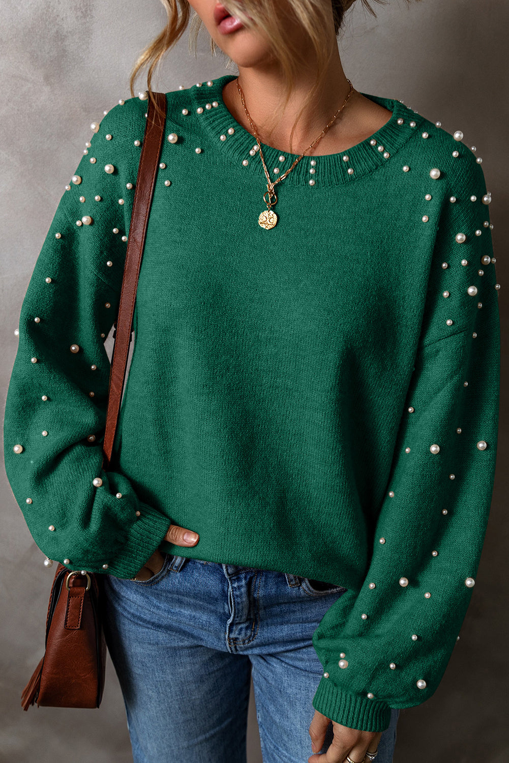 Light Grey Pearl Drop Shoulder Round Neck Sweater