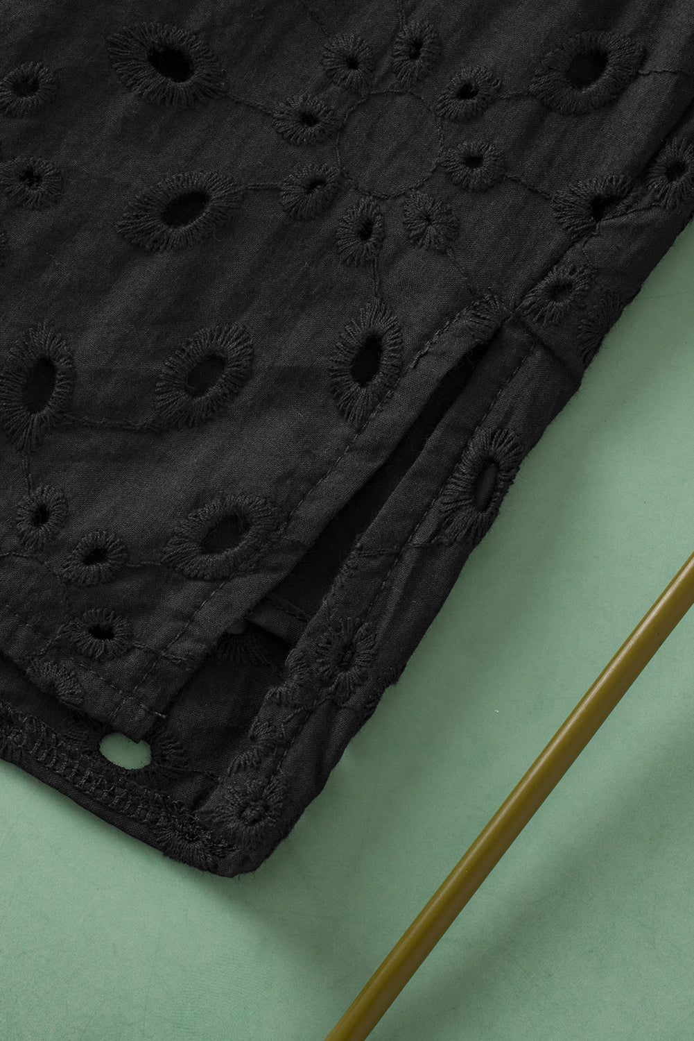 Black Hollow-out Flower Embroidered Short Puff Sleeve Blouse