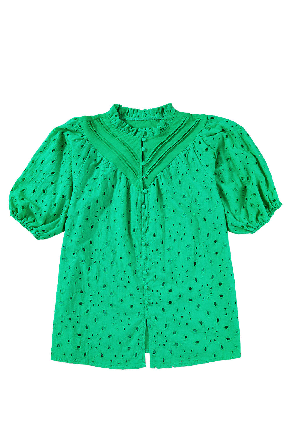 Black Hollow-out Flower Embroidered Short Puff Sleeve Blouse