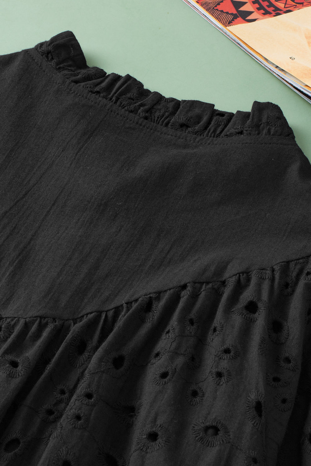 Black Hollow-out Flower Embroidered Short Puff Sleeve Blouse