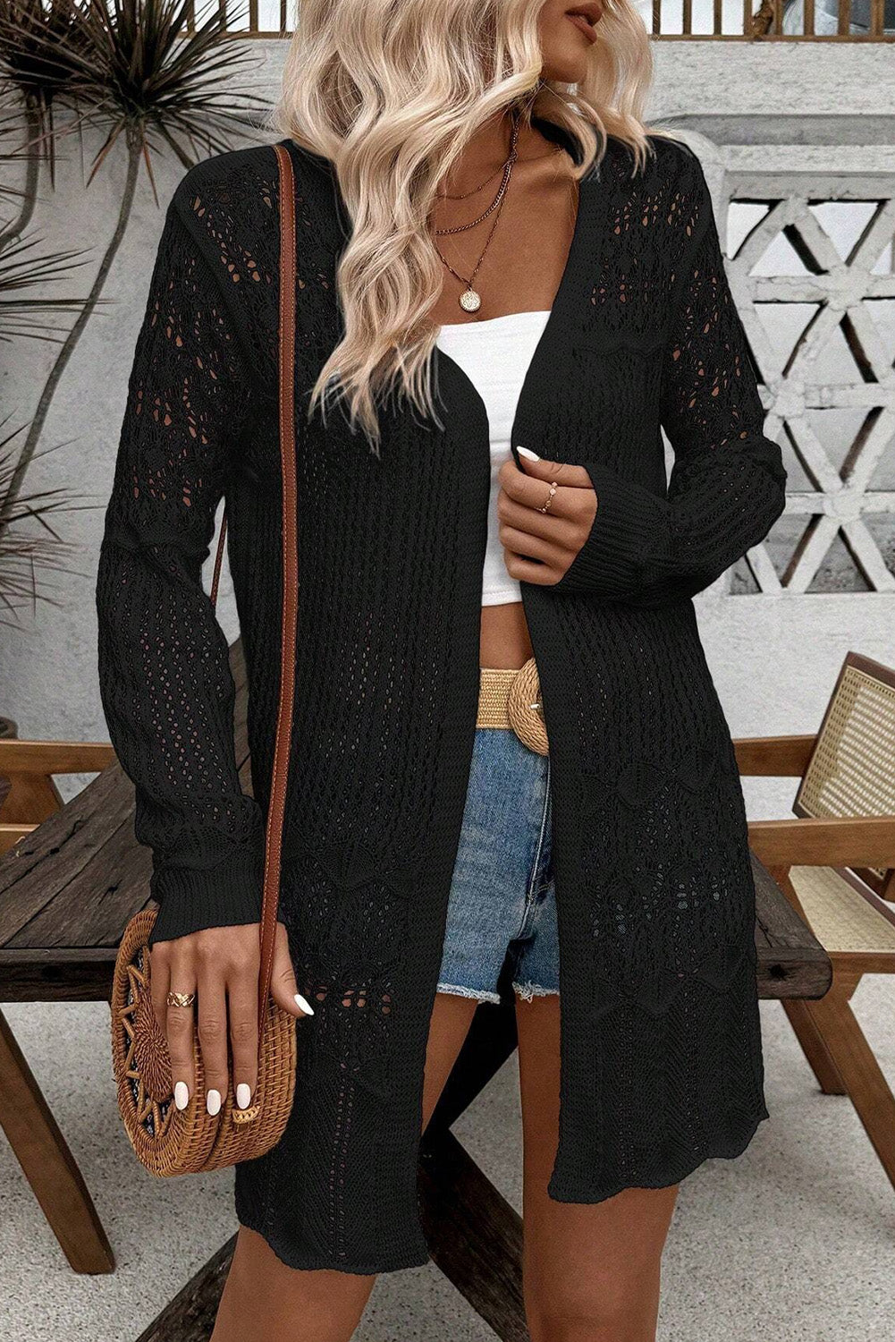 Black Hollow Out Crochet Open Front Long Cardigan