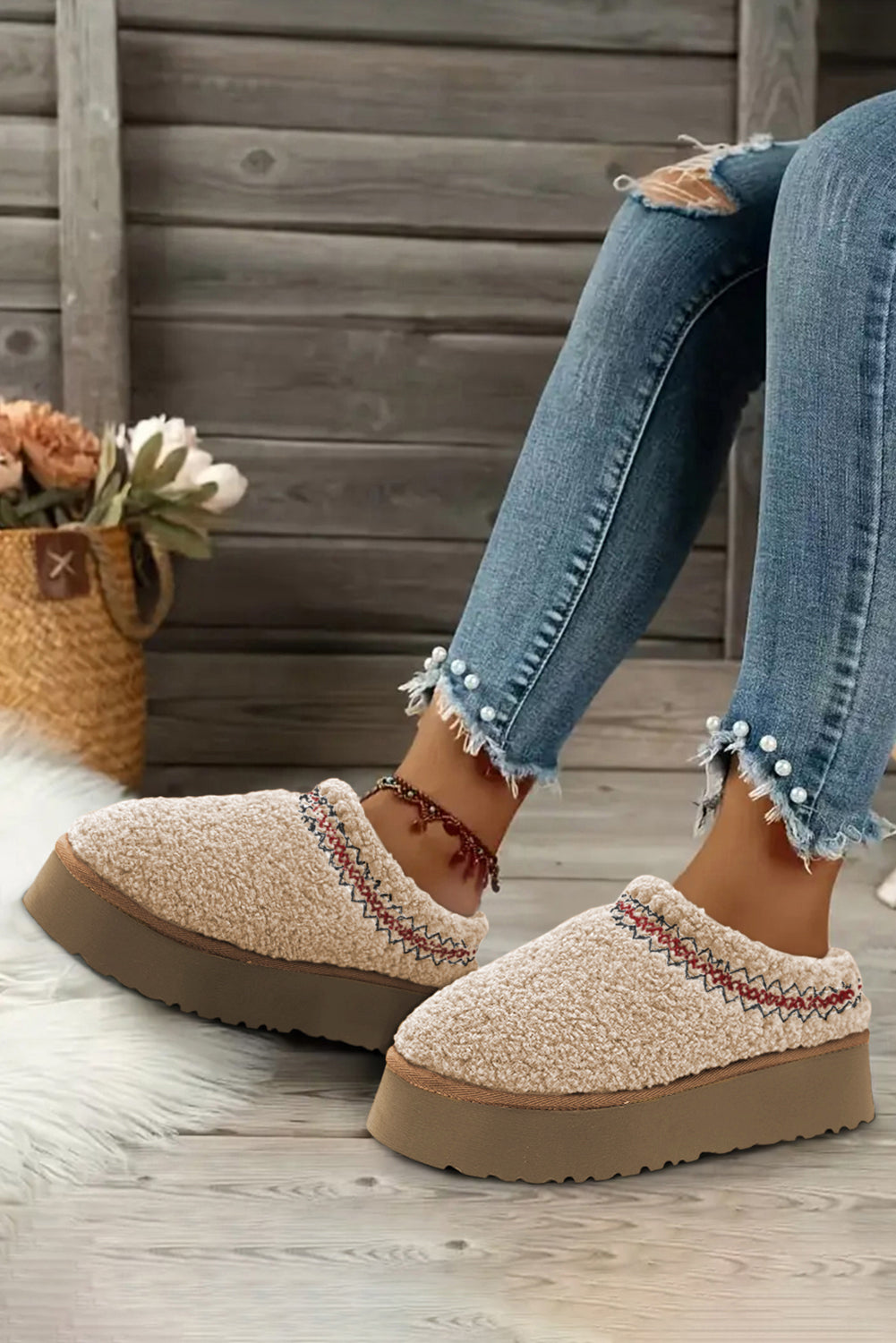 White Suede Contrast Print Plush Thick Sole Slippers