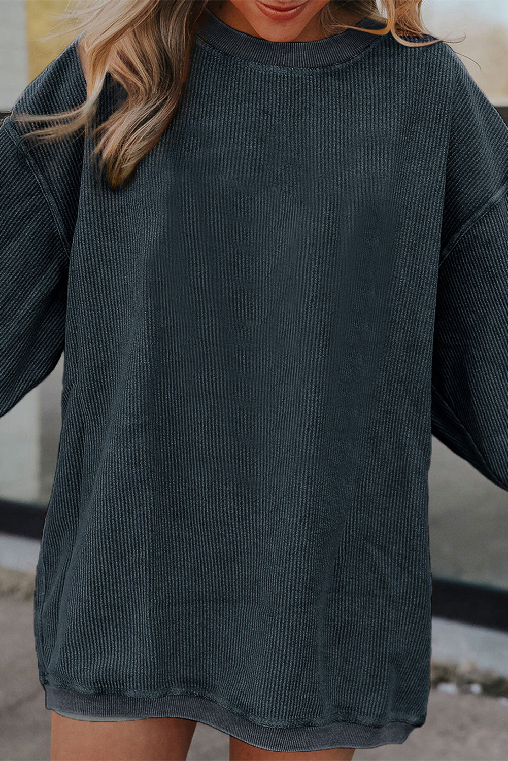 Dark Grey Drop Sleeve Crinkle Rib Oversized Sweatshirt