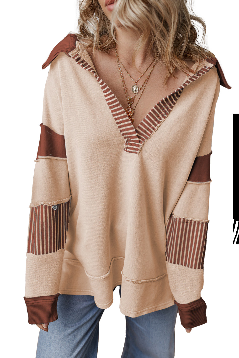 Black Striped Patchwork Collar Sweatshirt