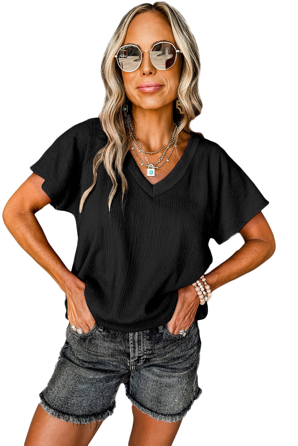 Blue Plain Crinkled V Neck Flounce Sleeve T Shirt