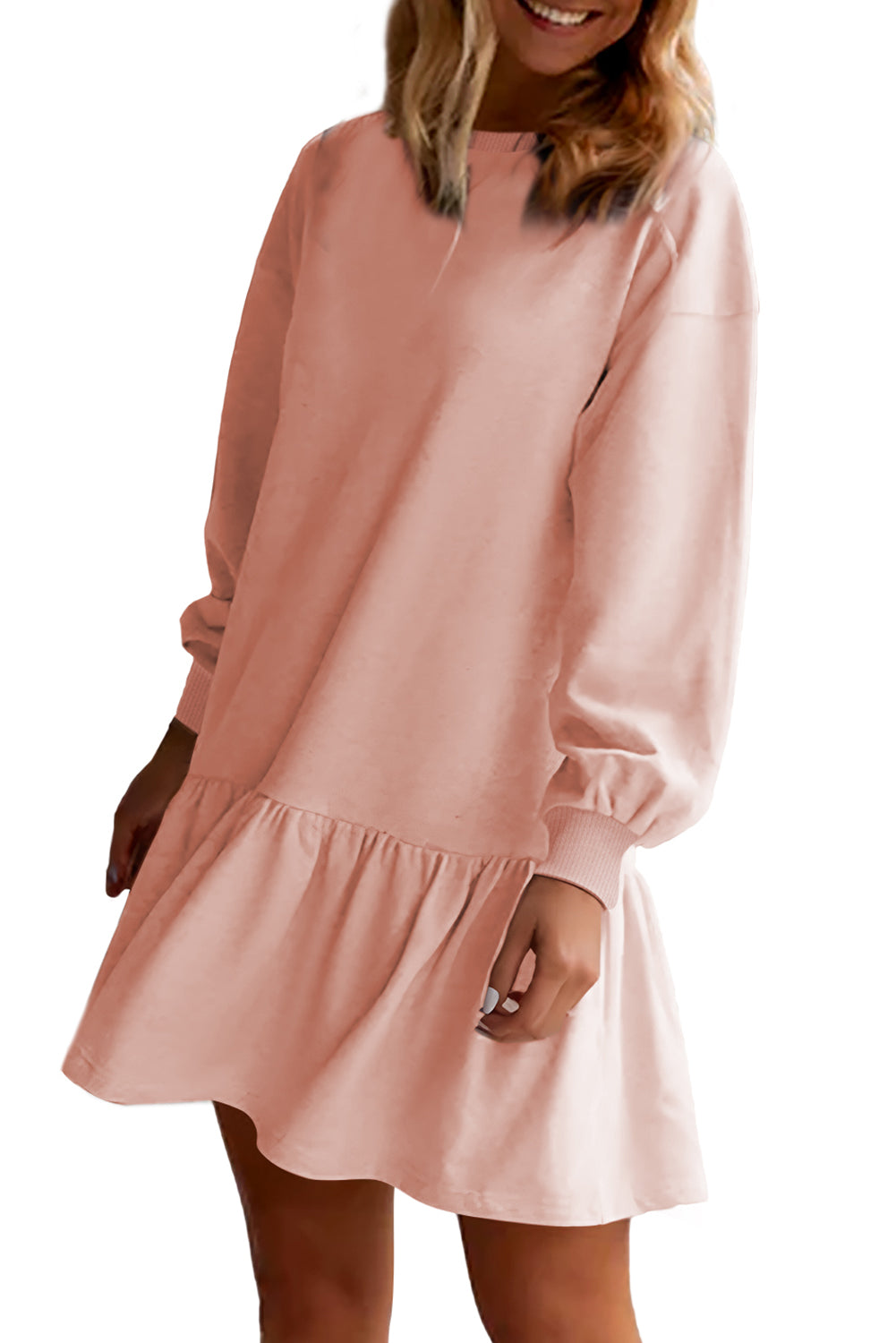 Black Solid Color Ruffle Hem Mini Sweatshirt Dress