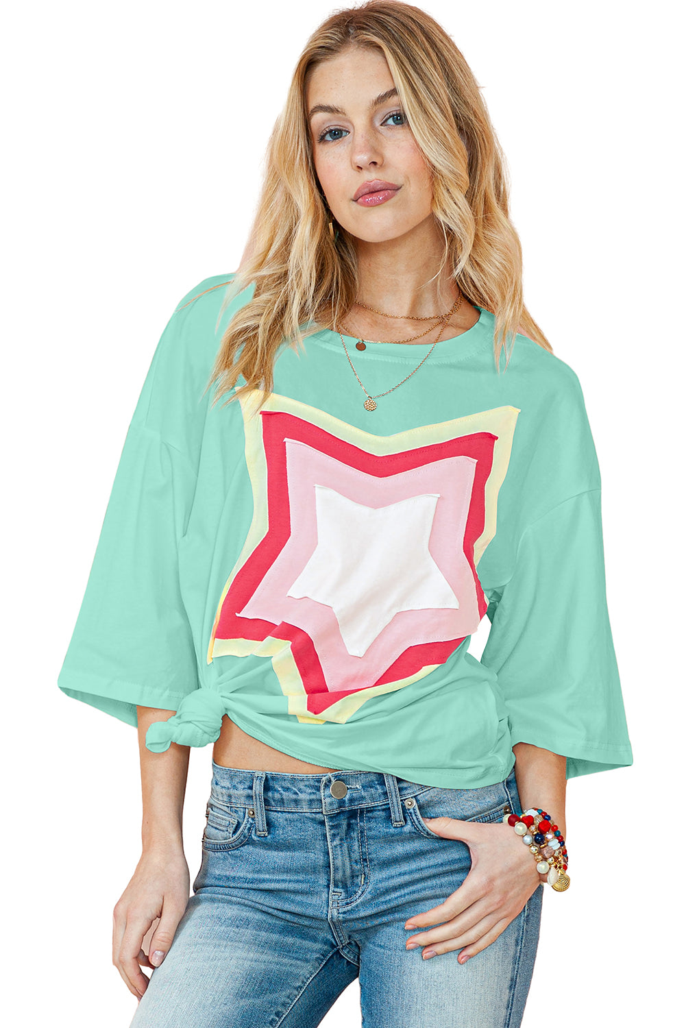 Bonbon Colorblock Star Patched Half Sleeve Oversized Tee