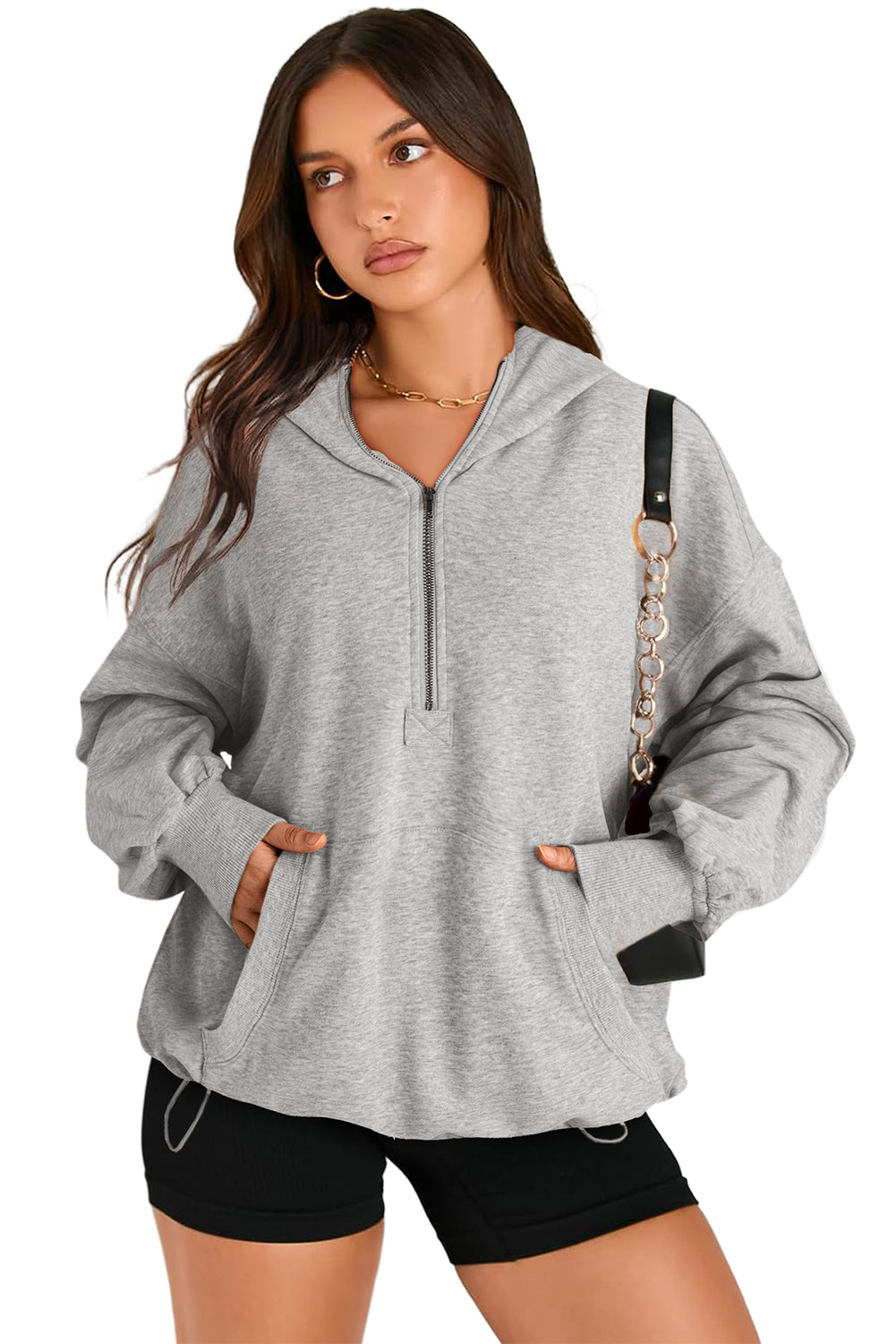 Aruba Blue Kangaroo Pocket Half Zipper Oversized Hoodie